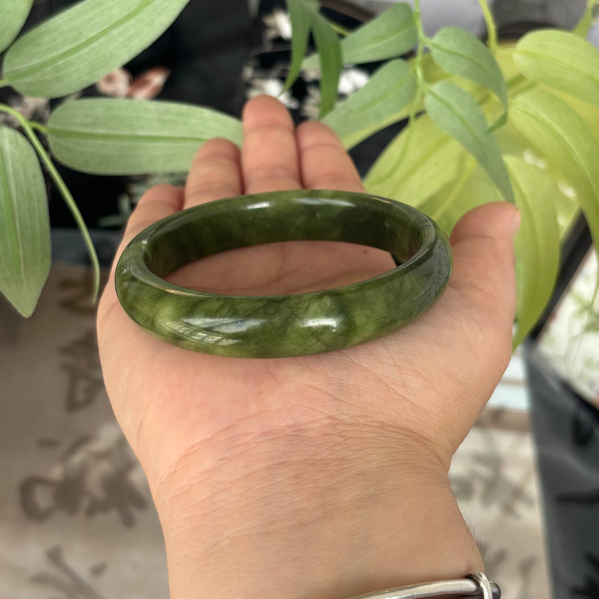  Natural South Green Jasper Bangle, Genuine Serpentine Stone Bracelet with Unique Patterns, Only $5