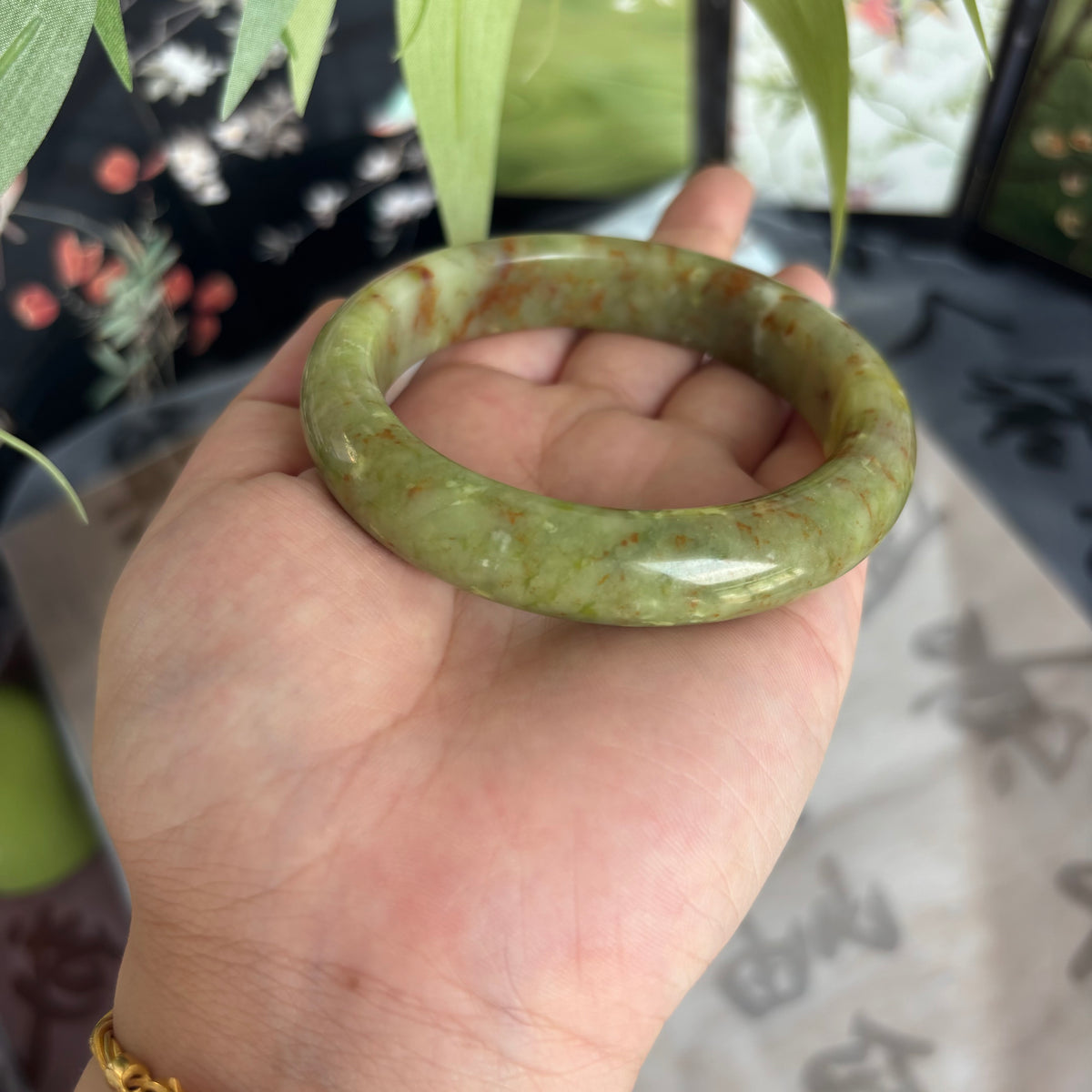 Flower Serpentine Bangle, Natural Serpentine Jade Bracelet with Red Veins, $8