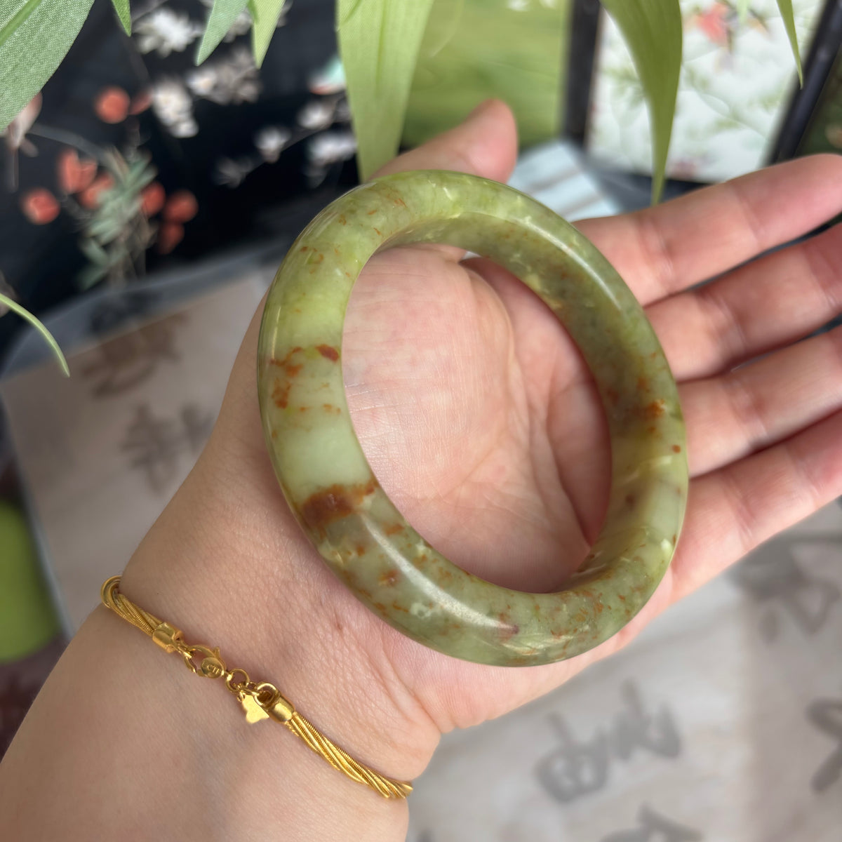 Flower Serpentine Bangle, Natural Serpentine Jade Bracelet with Red Veins, $8