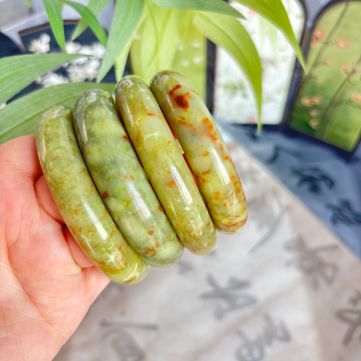 Flower Serpentine Bangle, Natural Serpentine Jade Bracelet with Red Veins, $8