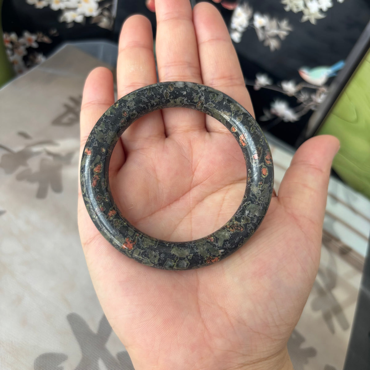 Natural Plum flower  Bangle, Unique Flower Pattern Stone Bracelet, Genuine Chinese Jade, Only $10