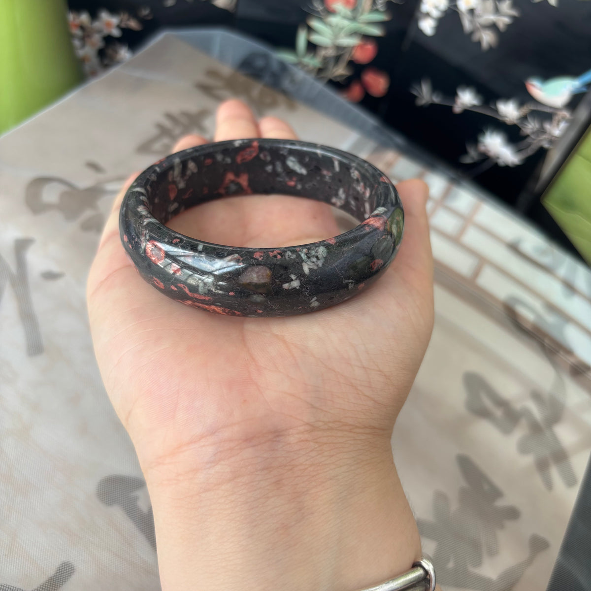Natural Plum flower  Bangle, Unique Flower Pattern Stone Bracelet, Genuine Chinese Jade, Only $10