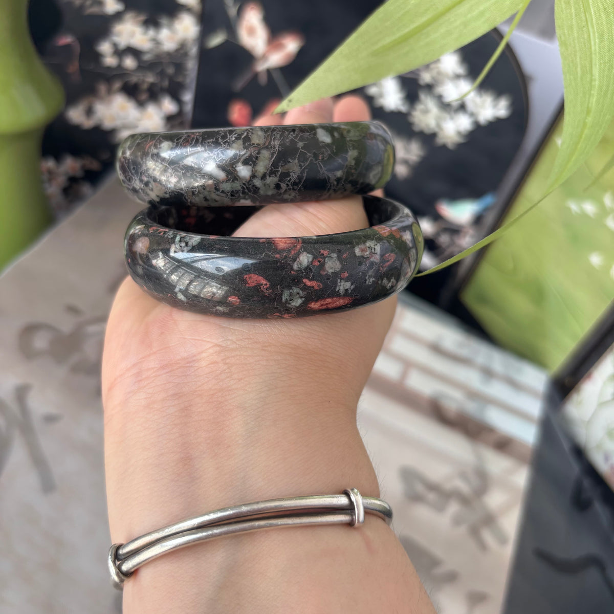 Natural Plum flower  Bangle, Unique Flower Pattern Stone Bracelet, Genuine Chinese Jade, Only $10
