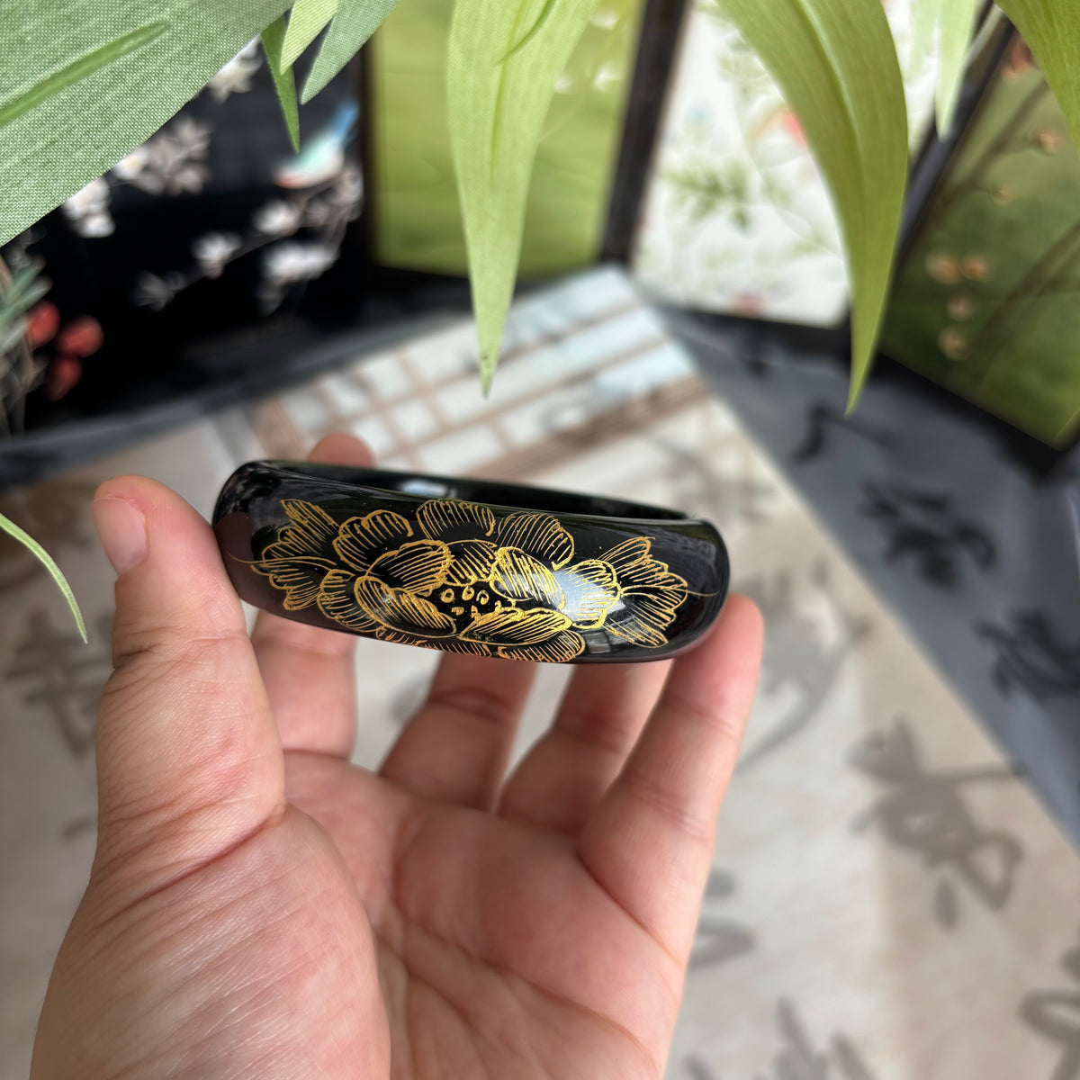 Carved Black Nephrite Jade Bangle with Gold Peony & Butterfly Design, 15-18mm Wide Artisan Bangle, Only $25
