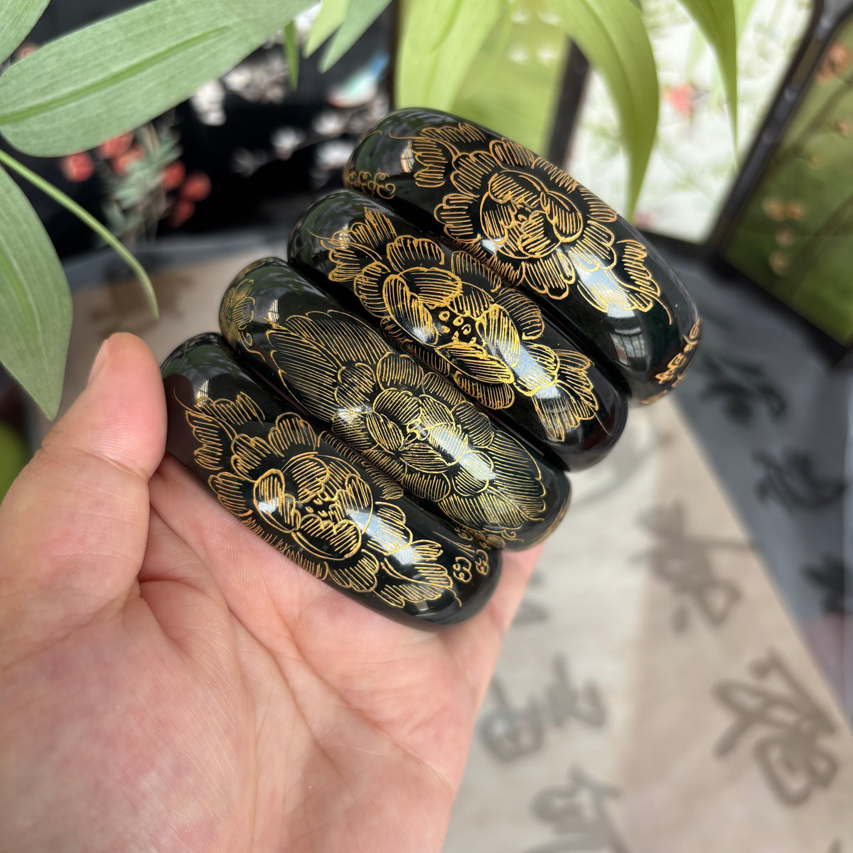 Carved Black Nephrite Jade Bangle with Gold Peony & Butterfly Design, 15-18mm Wide Artisan Bangle, Only $25