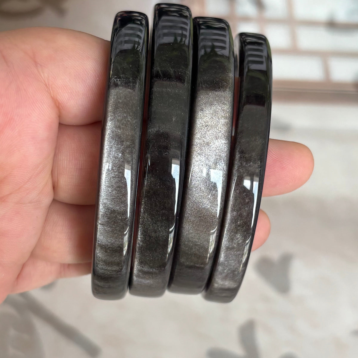 Silver  Obsidian Square Bangle – Modern Geometric Volcanic Glass Bracelet with Cat's Eye Shimmer, Only $25