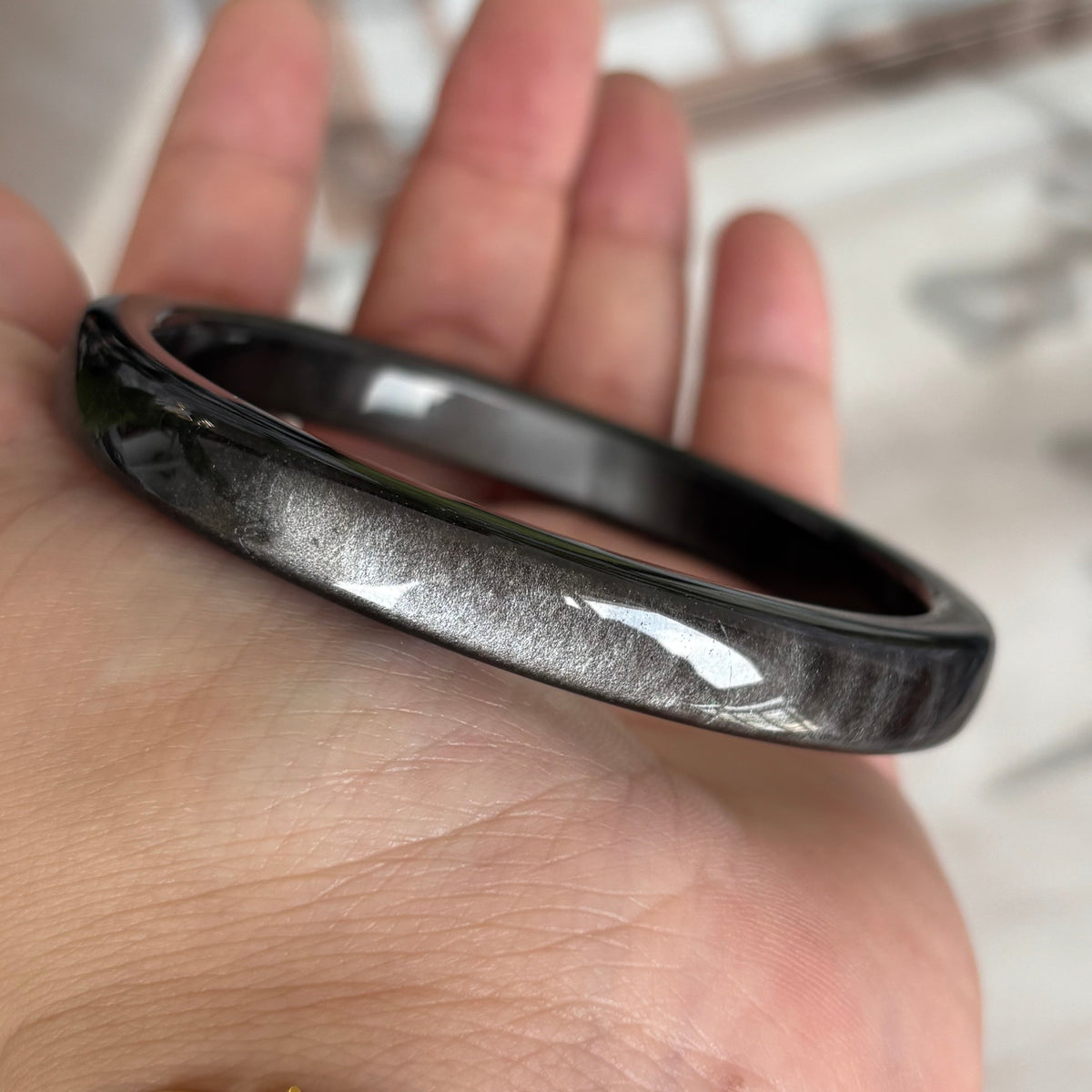 Silver  Obsidian Square Bangle – Modern Geometric Volcanic Glass Bracelet with Cat's Eye Shimmer, Only $25