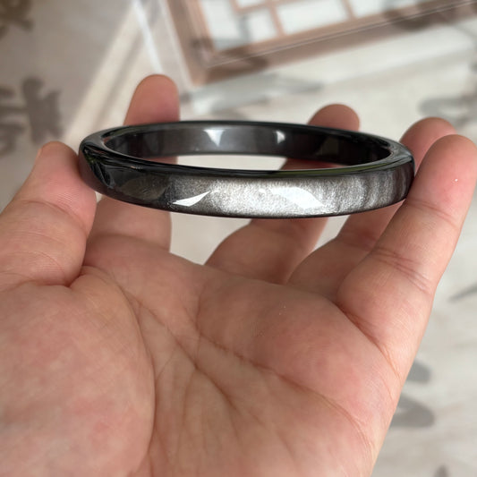 Silver  Obsidian Square Bangle – Modern Geometric Volcanic Glass Bracelet with Cat's Eye Shimmer, Only $25