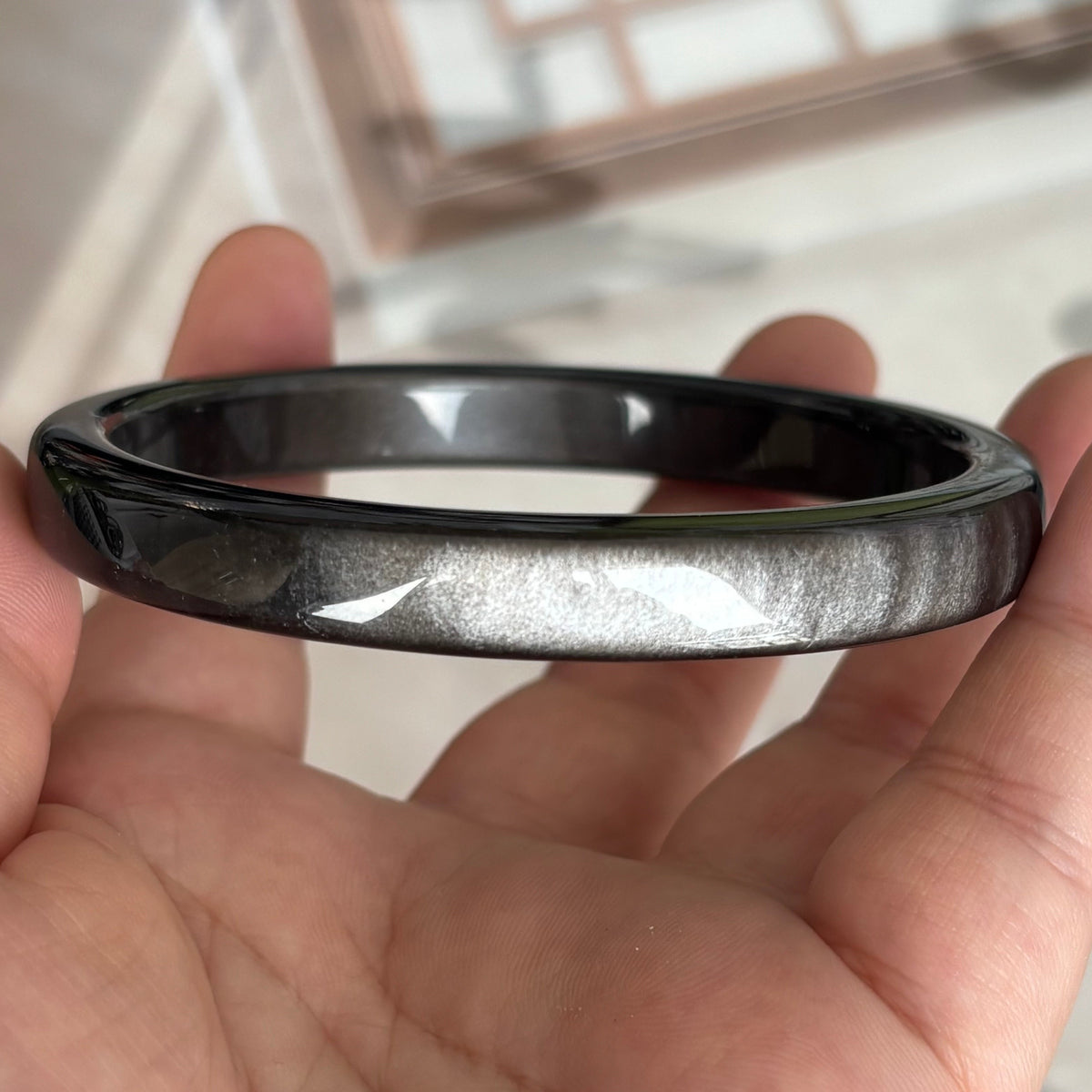 Silver  Obsidian Square Bangle – Modern Geometric Volcanic Glass Bracelet with Cat's Eye Shimmer, Only $25