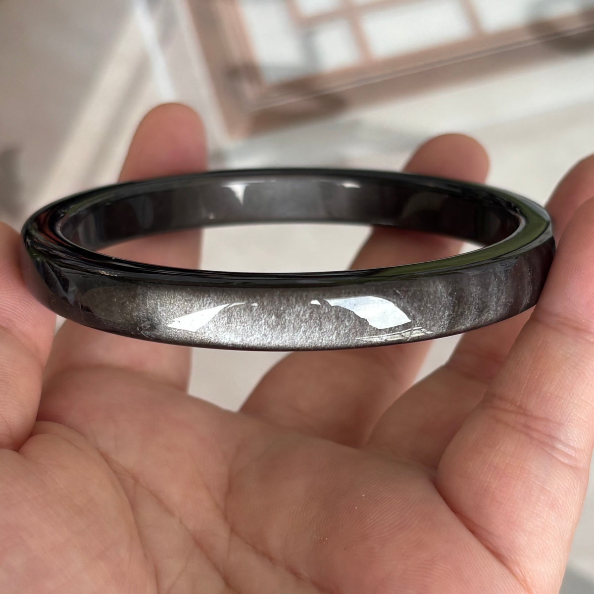 Silver  Obsidian Square Bangle – Modern Geometric Volcanic Glass Bracelet with Cat's Eye Shimmer, Only $25