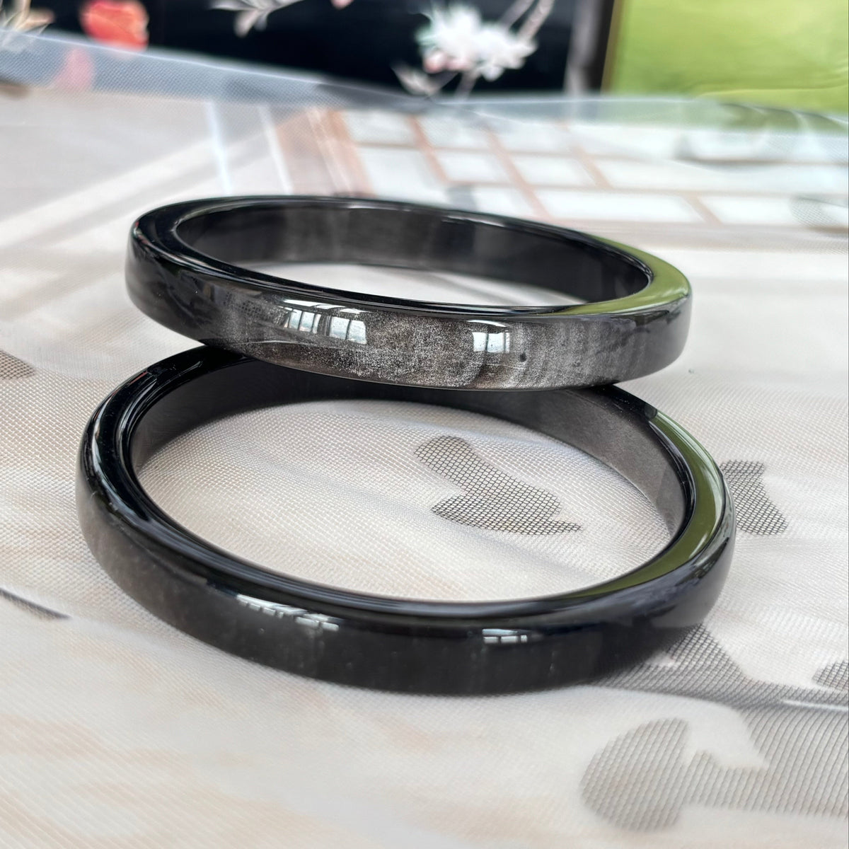 Silver  Obsidian Square Bangle – Modern Geometric Volcanic Glass Bracelet with Cat's Eye Shimmer, Only $25