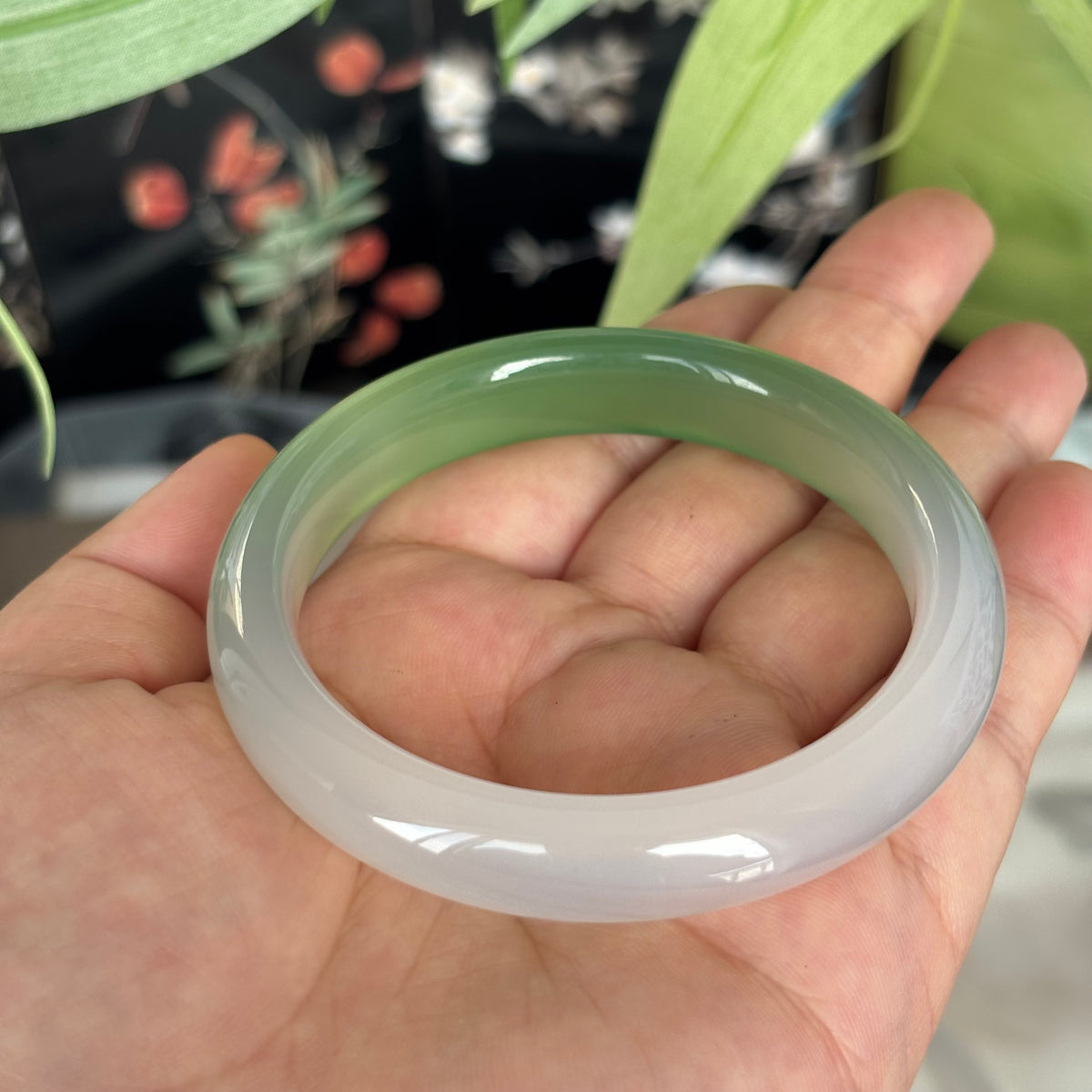 Natural Green and White Agate Bangle, Translucent Banded Gemstone Bracelet, Only $10