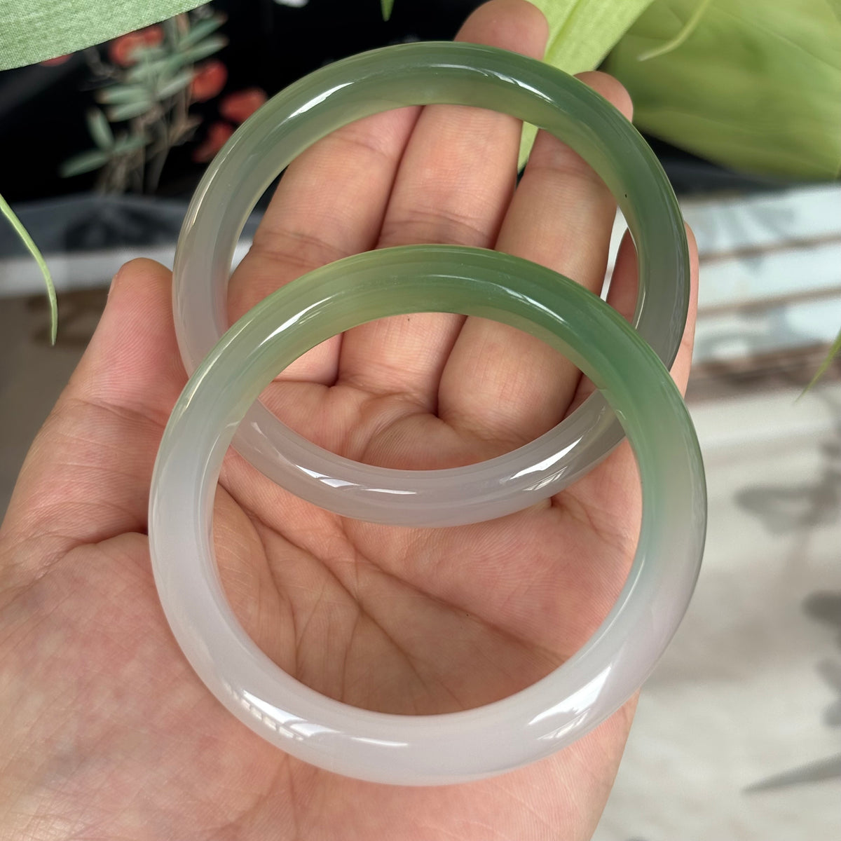 Natural Green and White Agate Bangle, Translucent Banded Gemstone Bracelet, Only $10