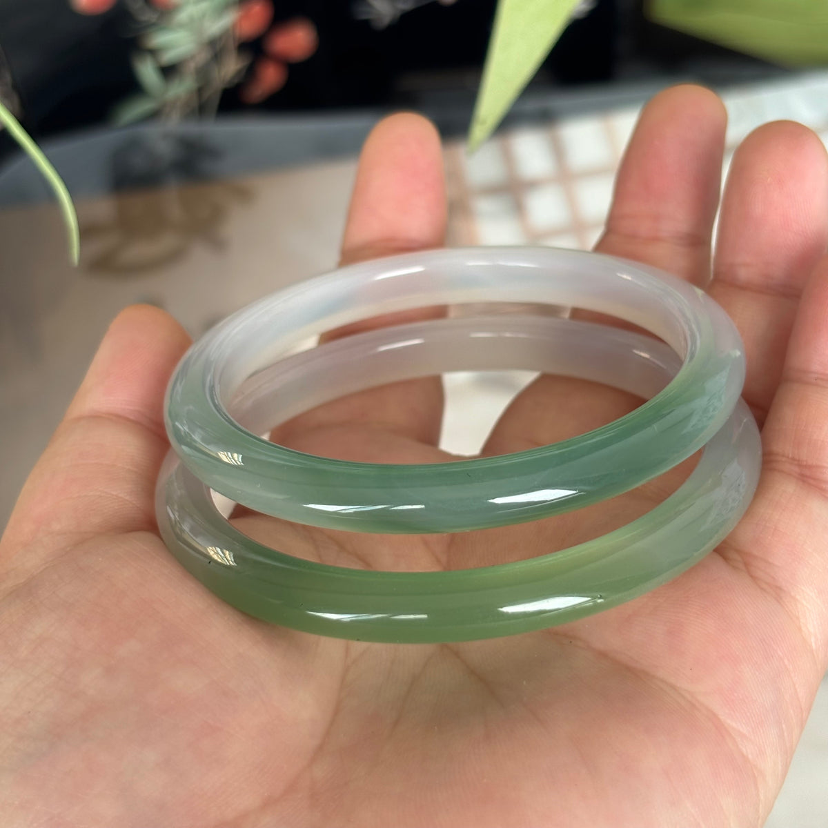 Natural Green and White Agate Bangle, Translucent Banded Gemstone Bracelet, Only $10