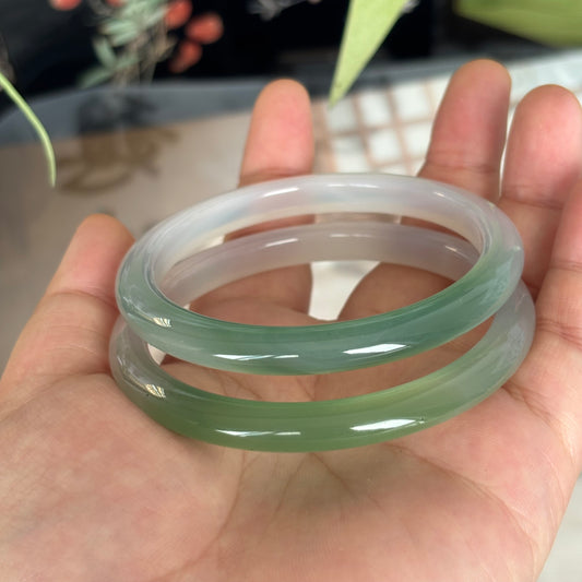 Natural Green and White Agate Bangle, Translucent Banded Gemstone Bracelet, Only $10