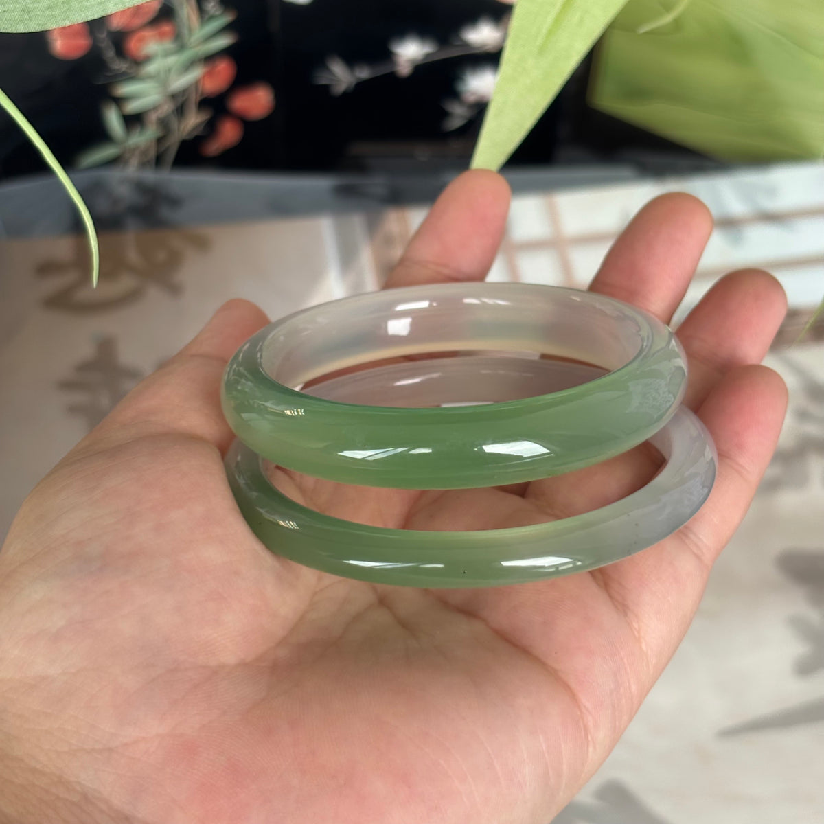 Natural Green and White Agate Bangle, Translucent Banded Gemstone Bracelet, Only $10